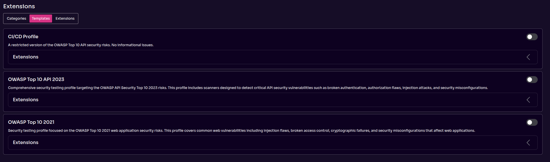 Optimized scannin through Scan Extensions, such as OWASOP Top 10 API and CI/CD, in Equixly