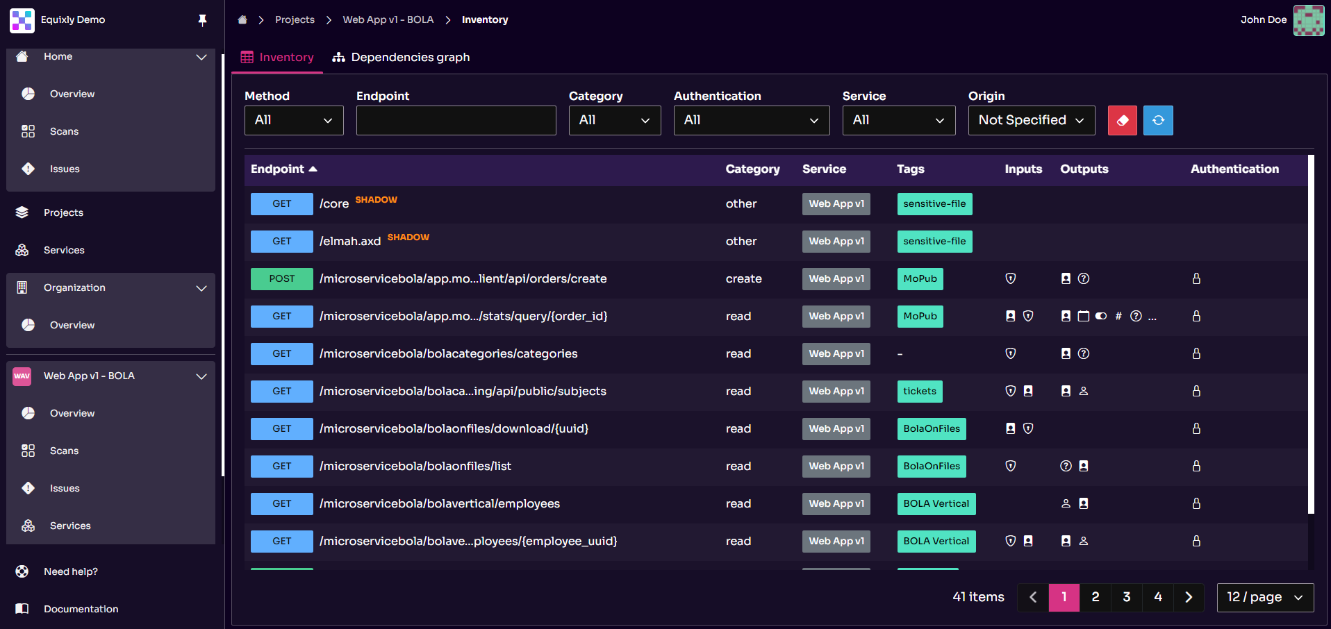 Equixly’s dashboard, showing a part of an API inventory with discovered shadow APIs