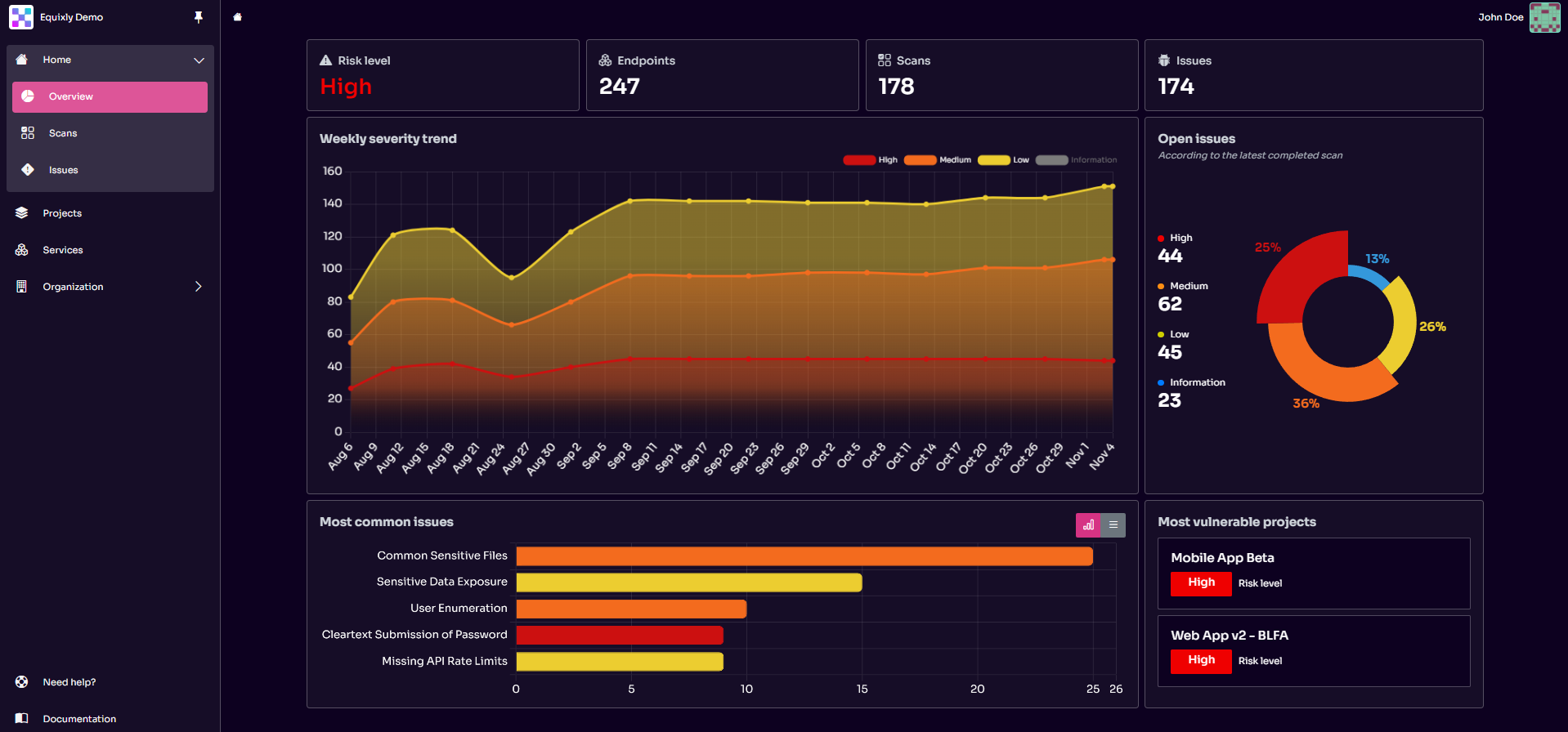 Equixly's Dashboard Showing Scans, Issues, and API Endpoints