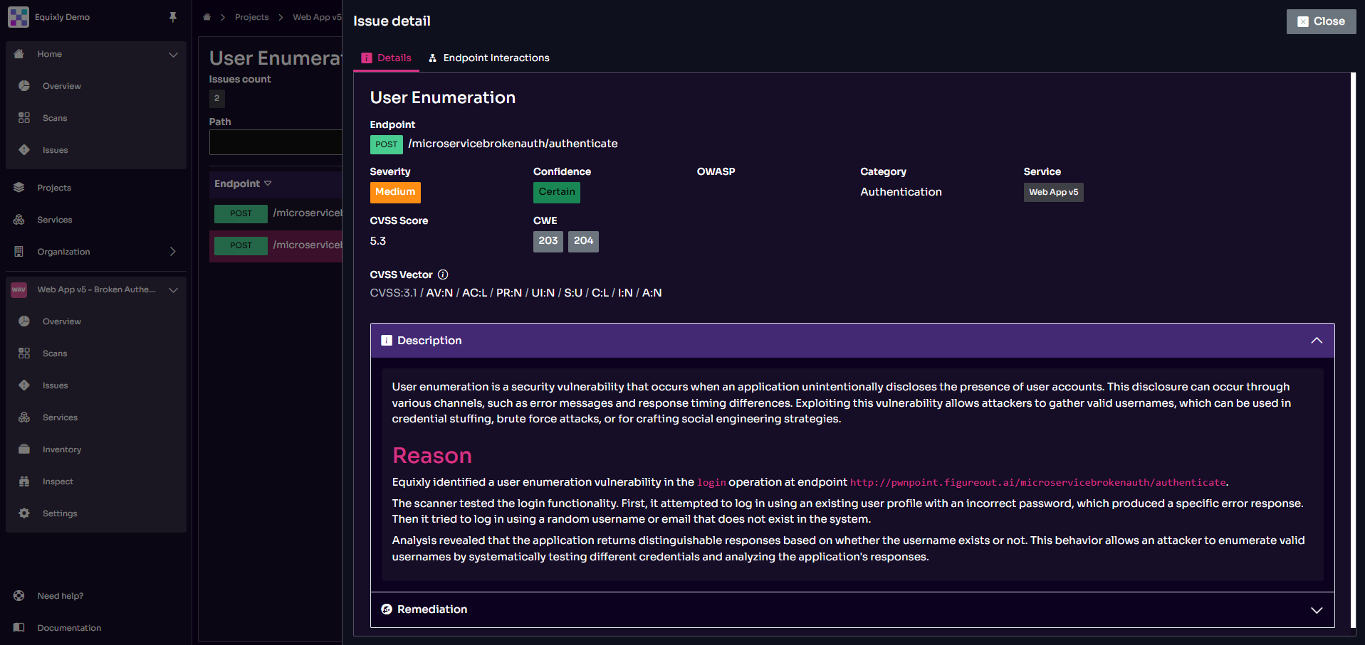 Equixly's dashboard showing a found user enumeration security issue